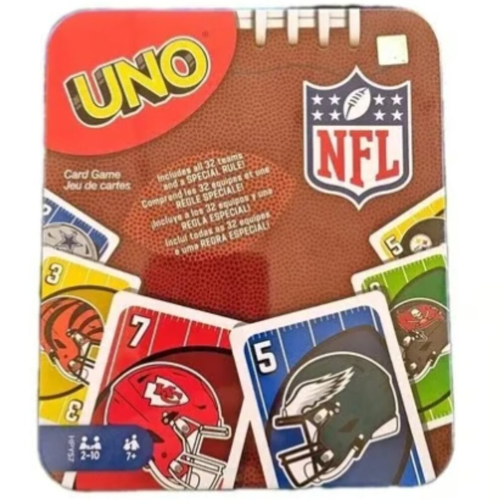 UNO with NFL Team Logos & Special Rules in Storage Tin Box for Kids Adults.